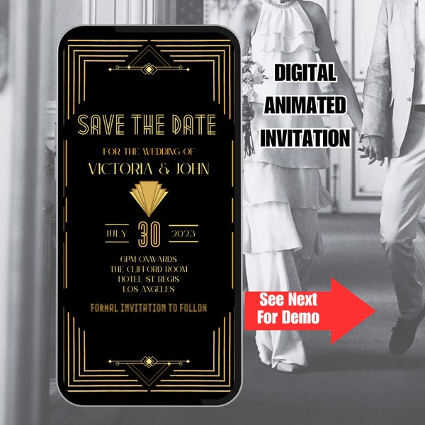 Great Gatsby Wedding Digital Save The Date. Elegant vintage black and gold evite invitation.  Editable template to email or text message.