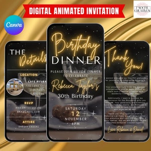 Downloadable Birthday Dinner Invite. Editable Animated Video Dinner Party Invitation In Black and Gold. Easy To Edit In Canva. Send By Phone