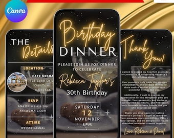 Downloadable Birthday Dinner Invite. Editable Animated Video Dinner Party Invitation In Black and Gold. Easy To Edit In Canva. Send By Phone