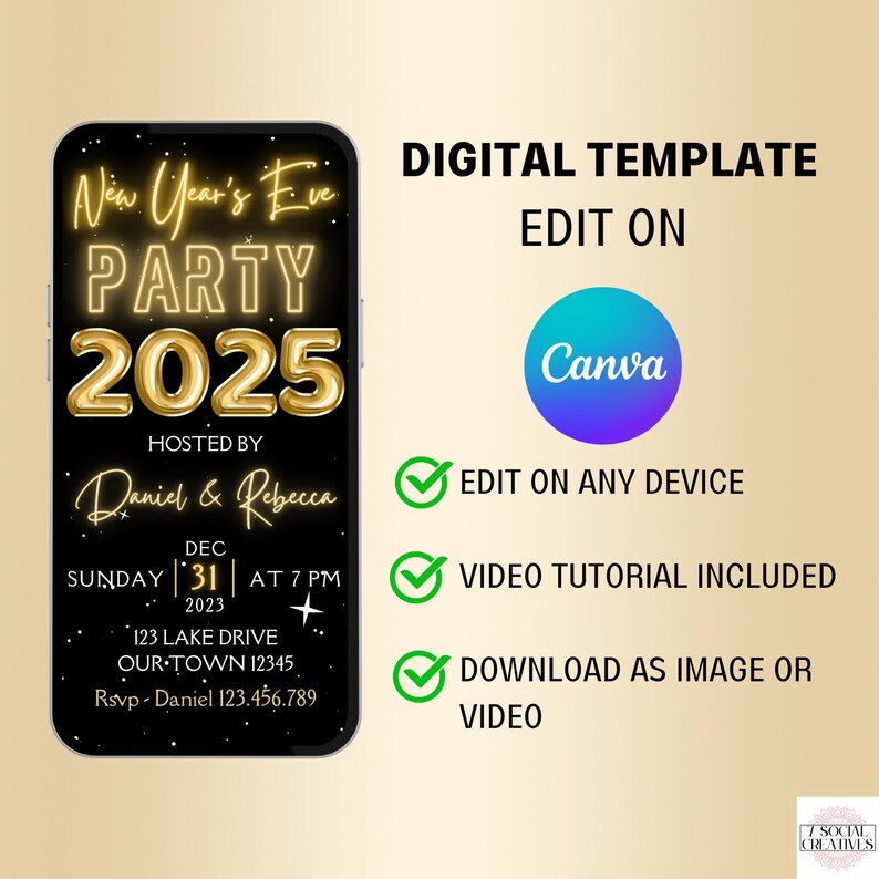2025 New Years Eve Invite. Elegant Digital Animated New Years Party Invitation Template in Black and Gold. DIY Editable Tempalte. image 2