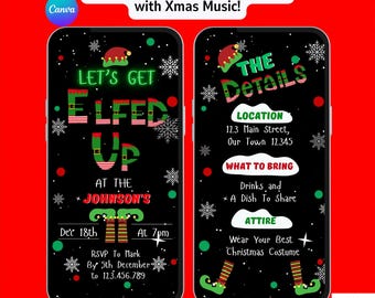 Adult Let's Get Elfed Up Christmas Party Invitation with Festive Music. Fun Digital Animated Xmas Drinks or Cocktails Invite. DIY Template.