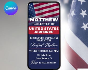 Military Enlistment Going Away Party Invitation. Digital National Guard, Navy, Marines, Army, Coast Guard, Space, Air Force Farewell Invite.