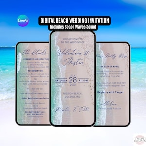 Destination Wedding Invitation. Digital Animated Beach Tropical Wedding Invite with Waves. DIY Editable Template. image 1