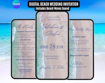 Destination Wedding Invitation. Digital Animated Beach Tropical Wedding Invite with Waves. DIY Editable Template.