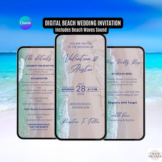 Destination Wedding Invitation. Digital Animated Beach Tropical Wedding Invite with Waves. DIY Editable Template.