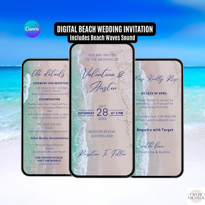 Destination Wedding Invitation. Digital Animated Beach Tropical Wedding Invite with Waves. DIY Editable Template. image 1