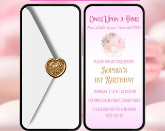 May include: Digital invitation for a first birthday party. The design features a swan illustration with floral accents. The invitation includes the text "Animated Swan Princess Invite", "Once Upon a Time", and party details.
