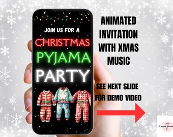 Christmas Pyjama Party Invite. Digital PJ Party Invitation Template With Xmas Music.  Perfect for Family, Kids, Adults Party.  Easy to edit.