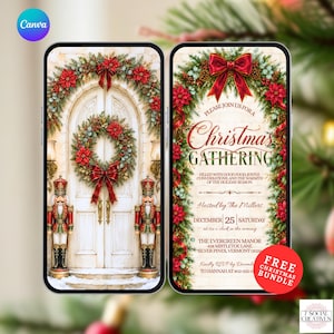 Könnte beinhalten: Zwei Smartphones mit einem Weihnachtseinladungsdesign. Der linke Bildschirm zeigt eine weiße Bogentür mit einem Kranz und zwei Nussknackern. Der rechte Bildschirm zeigt einen festlichen Rand mit roten Schleifen und dem Text Christmas Gathering.