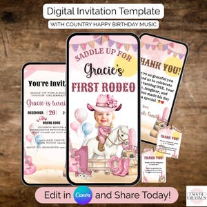 Puede incluir: Plantilla de invitación digital con temática country. El diseño presenta una combinación de colores rosa y blanco con un niño en un pony, botas de vaquero y el texto "Gracie's First Rodeo". Incluye tarjetas de agradecimiento.