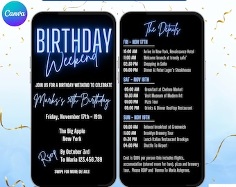 Men's Birthday Weekend Invitation Itinerary. Digital Animated Party Getaway for Him. Black and Blue Theme eVite. DIY Editable Template.