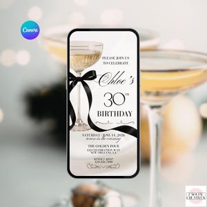May include: A digital invitation for a 30th birthday celebration. The design features a champagne glass with a black ribbon, the text "Chloe's 30th Birthday", and event details. The invitation is set against a blurred background.