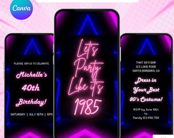 80s Party Like It&#39;s 1984 Invitation.  Digital Womens Retro Disco 1980s Themed Neon Video Invite. DIY Editable Canva Template. Send by Phone.