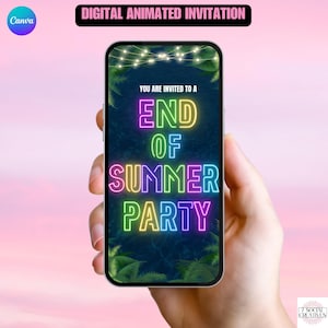 Uitnodiging voor feest aan het einde van de zomer. Digitale geanimeerde strand- of zwembaduitnodiging in neonkleuren. DIY bewerkbare sjabloon. Telefonisch verzenden. afbeelding 1