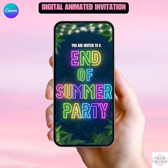 End Of Summer Party Invitation.   Digital Animated Beach or Pool Party Invite in Neon Colors.  DIY Editable Template. Send by Phone.