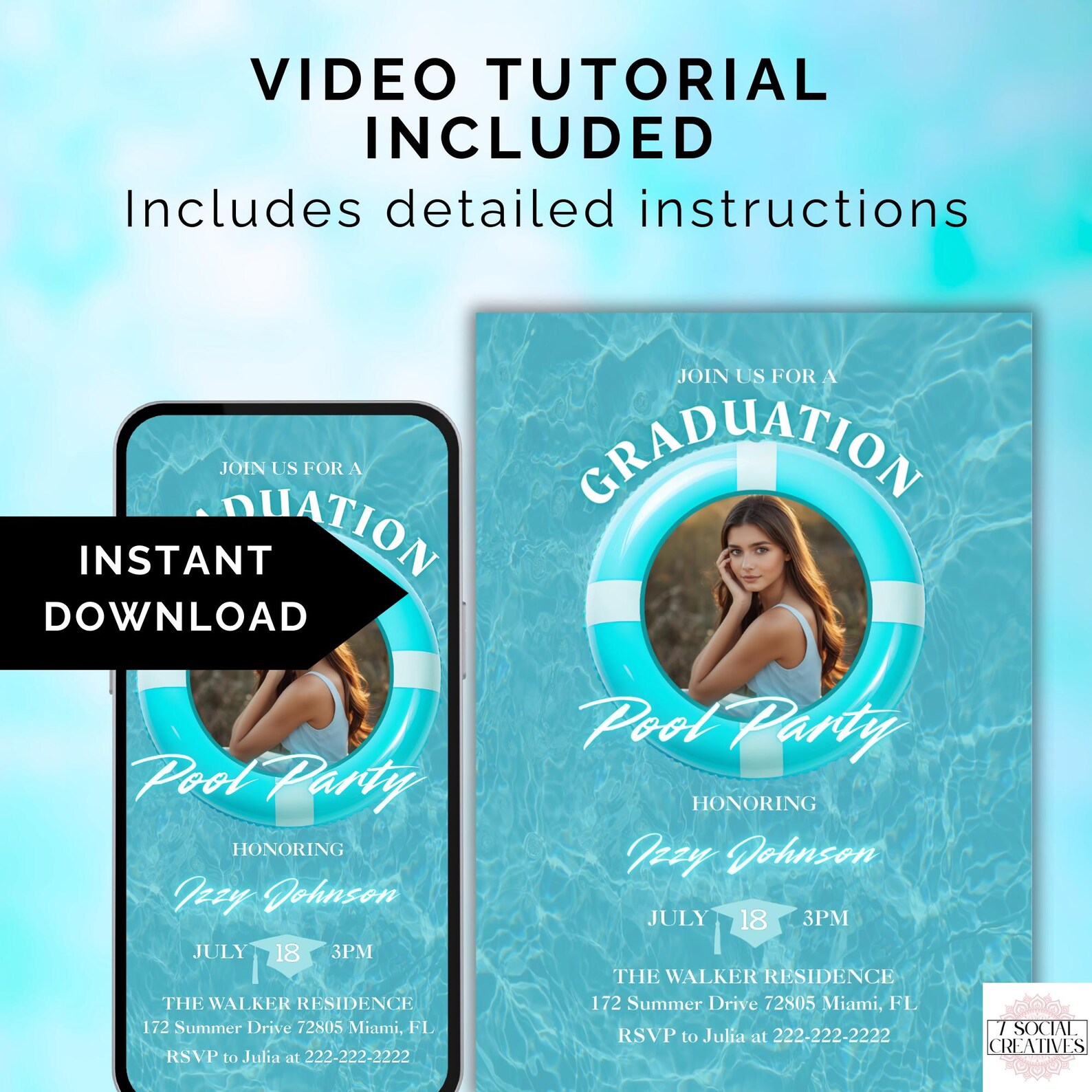 Blue Graduation Pool Party Invitation With Photo. Boys or Girls Digital ...