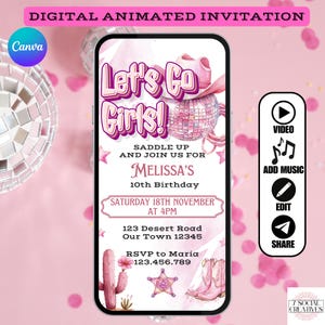 Pink Cowgirl Birthday Party Invitation. Digital Animated Pink Disco Cow Girl Party Invite. Rodeo Let&#39;s Go Girls Any Age eVite. DIY Template