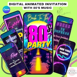 80s Party Invite With Music.  Birthday or Costume Party Video Invitation For A Back To The 80s Theme. Editable Canva Template In Neon Retro.