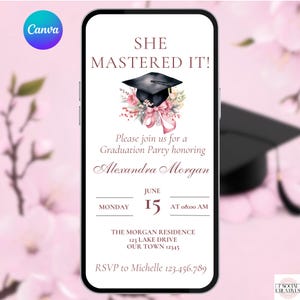Masters Abschlussfeier Einladung. Digital Animierte College Bachelor Graduate Invite. Mädchen Pink Grad Feier eVite. DIY-Vorlage.