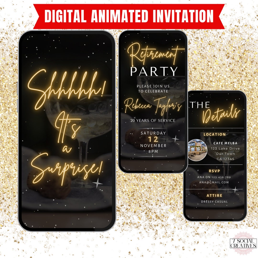 Surprise Retirement Party Invitation. Digital Animated Black and Gold ...