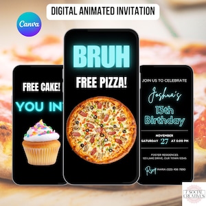Boys Teen Pizza Birthday Invitation. Digital Teenage Boy Invite. Animated Kids or Tween Black and Blue Bruh eVite. DIY Editable Template.