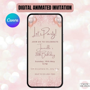 Rose gouden verjaardagsuitnodiging. Digitale elegante blush roze glitter dames feestuitnodiging. Damesbrunch, lunch, diner eVite. DIY-sjabloon.