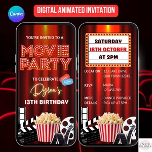 Film-Geburtstags-Party Einladung. Digital animiertes Kino einladen für einen Jungen von Mädchen. eVite wird vorgezeigt. DIY bearbeitbare Vorlage.