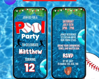 Baseball Pool Party Invitation. Digital Animated Kids Sports Summer Birthday Invite. Boys Any Age Swimming eVite. DIY Template.
