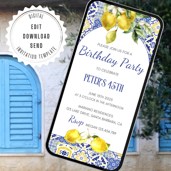 Blue Tiles and Lemon Birthday Party Invitation.  Mediterranean Summer Themed Digital Invite.  Easy To Edit In Canva and Send Via  Email/Text