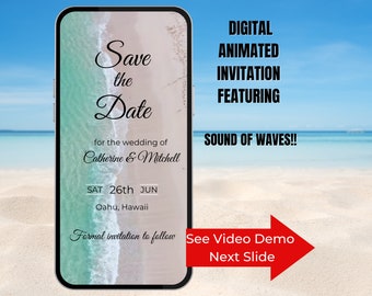 Invitación a guardar la fecha en la playa digital. Invitación de boda de destino animada digitalmente con sonido de olas. Fácil de editar y enviar.