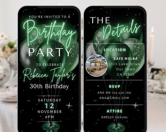 Green Birthday Party Invite. Digital Animated Men or Womens Balloons Invitation. Elegant Modern Adult or Teen DIY Editable Template eVite.
