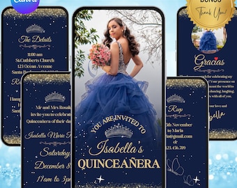 Navy Blue Quinceañera Invitation with Photo. Digital Mis Quince Anos Birthday Invite. Elegant 15th Party eVite. DIY Editable Template.