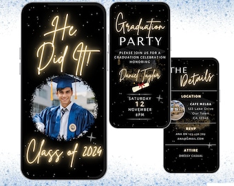 Graduation Party Invitation for Him. Digital Animated Grad Invite. Boys or Mens College or High School eVite. DIY Editable Canva Template.