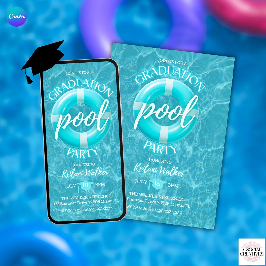 Blue Graduation Pool Party Invitation. Boys or Girls Digital and ...