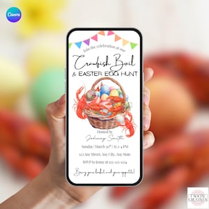 May include: A smartphone displays an invitation for a Crawfish Boil & Easter Egg Hunt. The design features a basket of colorful eggs and red crawfish. Text includes event details: date, time, location, and RSVP information. The invitation is held in a hand.