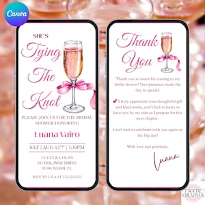 May include: A pink and white bridal shower invitation featuring a glass of champagne with a pink ribbon. The invitation text reads "She's Tying the Knot" and includes the bride's name, date, time, and location. The invitation also includes a thank you message for attending the bridal shower.