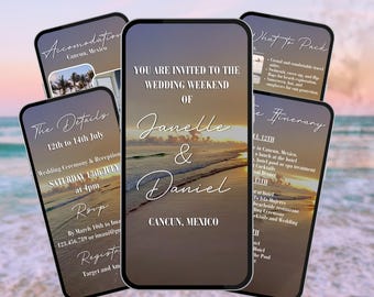 Digitale Hochzeitseinladung zum Sonnenuntergang am Strand. Bestimmungsort Hochzeit Tropisches Erholungsort-Thema einladen. Mexikanisch, Hawaii, Übersee eVite. DIY-Vorlage