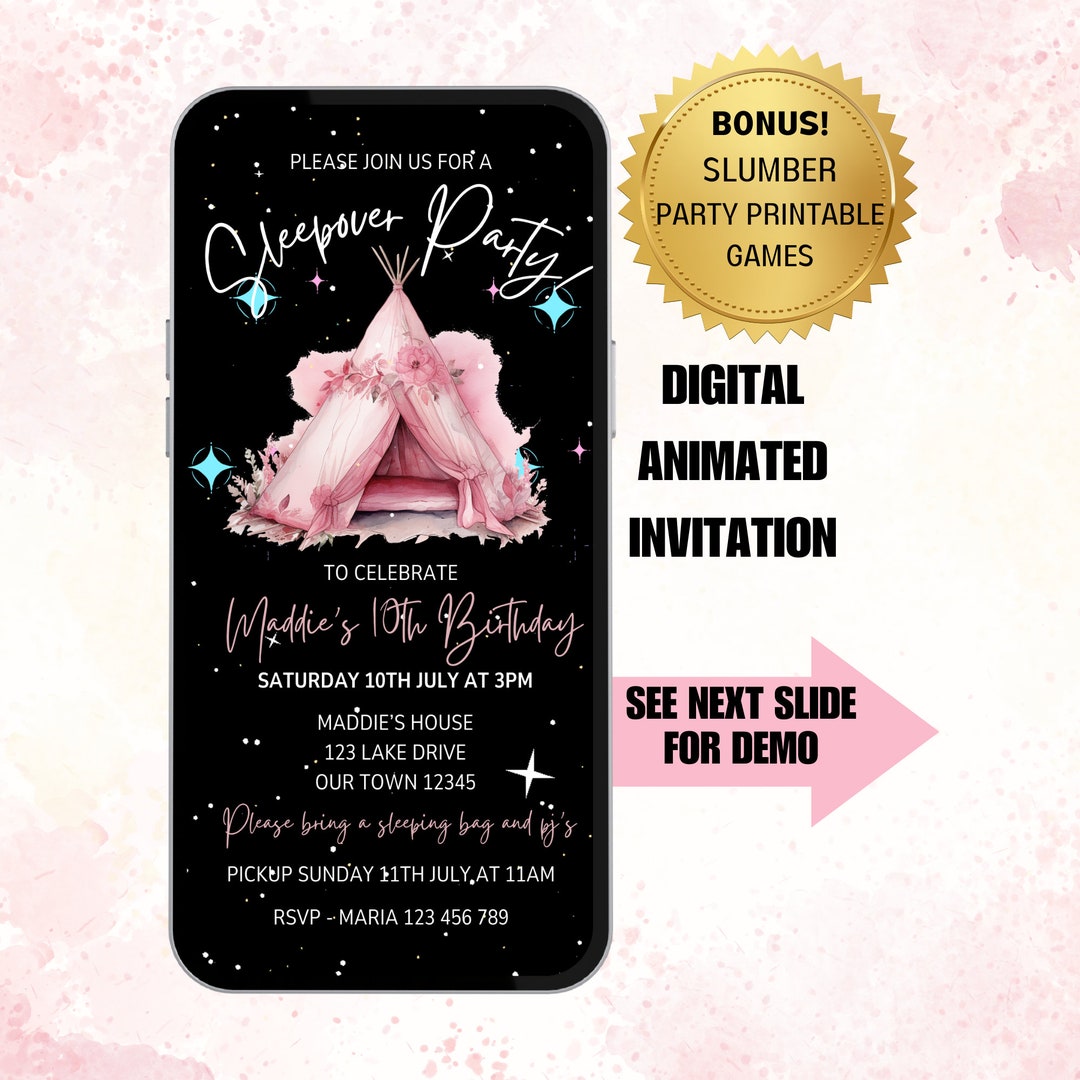 Sleepover Party Invitation in Black Pink. Digital Girls Birthday