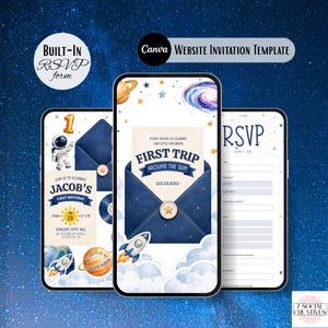 May include: A digital website invitation template for a first birthday party with a space theme. The design features an astronaut, planets, a rocket ship, and a dark blue envelope with a gold star seal. Text includes First Trip Around the Sun.