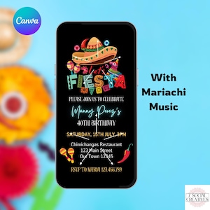 Invitación de cumpleaños "Let's Fiesta". Invitación digital para fiesta mexicana. Celebración latina. Plantilla editable.