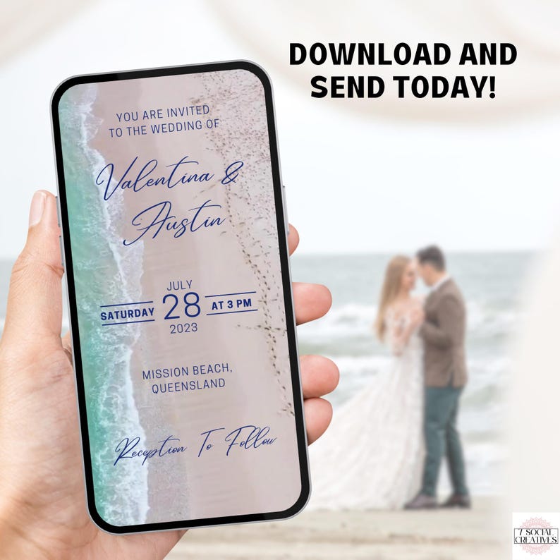 Destination Wedding Invitation. Digital Animated Beach Tropical Wedding Invite with Waves. DIY Editable Template. image 3