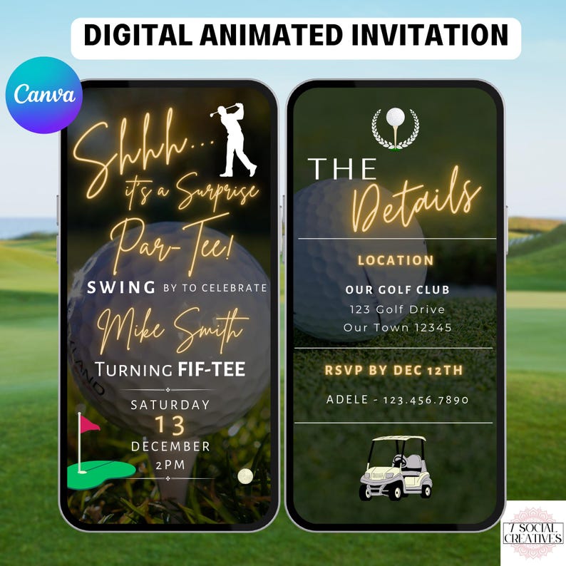 May include: A digital invitation for a golf-themed party. The invitation features a golf ball with the text "Shhh... it's a Surprise Par-Tee!" and "Swing by to celebrate Mike Smith Turning Fif-Tee". The date and time of the party are listed as "Saturday, December 13, 2PM". The second part of the invitation shows a golf ball with the text "The Details" and lists the location, "Our Golf Club, 123 Golf Drive, Our Town 12345", and the RSVP information, "RSVP by Dec 12th, Adele - 123.456.7890".