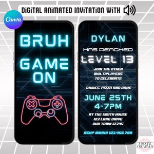 Digital Boys Gaming Invitation. Boy Video Game Party Invite.  Animated Teen Teenager Birthday Phone eVite in Neon Blue. Editable Template.