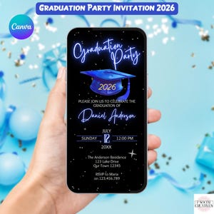Digital Graduation Party Invitation. Animated Black and Blue College or High School Class of 2026 Invite. Boy or Girls eVite. DIY Template.