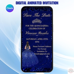 Blue Quinceañera Save The Date Invitation. Digital Mis Quince 15 Años Invite In Royal Blue and Gold. Elegant DIY Editable Template eVite.