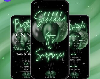 Green Surprise Birthday Dinner Invitation. Digital Neon Men or Womens Party Invite Template. Elegant Modern Shhh It's a Surprise eVite.