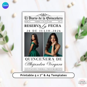 May include: A printable Quinceañera invitation template with text in Spanish, featuring two photos of a young woman in a green dress. The design includes the date July 28, 2026, and the name Alejandra Vergara. Available in 5 x 7 inch and A4 sizes.