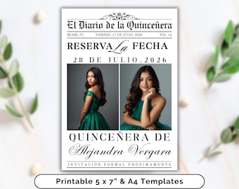 Tidning Quinceañera Reserva La Fecha. Elegant lyxig utskrivbar 5 x 7" och A4 Mis Quince Anos 15-årsfest Save the Date.