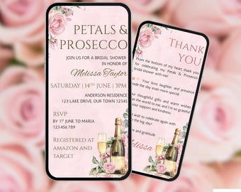 Puede incluir: Dos invitaciones digitales para una despedida de soltera, con un diseño floral rosa. Las invitaciones dicen "Petals & Prosecco" y "Thank You", con detalles del evento y un mensaje de agradecimiento. El diseño incluye botellas y copas de champán.