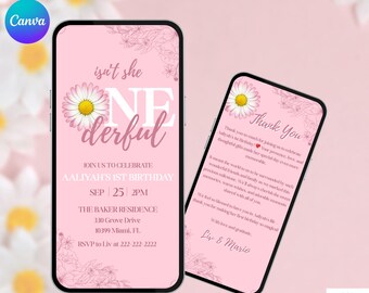 Faire-part pour le premier anniversaire d'une marguerite. Invitation florale rose animée numérique à une fête avec remerciement. Daisies One-derful Girls eVite. Modèle de bricolage.
